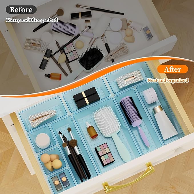 32 PCS Clear Plastic Drawer Organizer Set, 4-Size vanity organizer Trays and Storage Bins for Makeup, Jewelry and Gadgets in Bedroom, Bathroom and Office, Clear Sea Blue-NeatNest