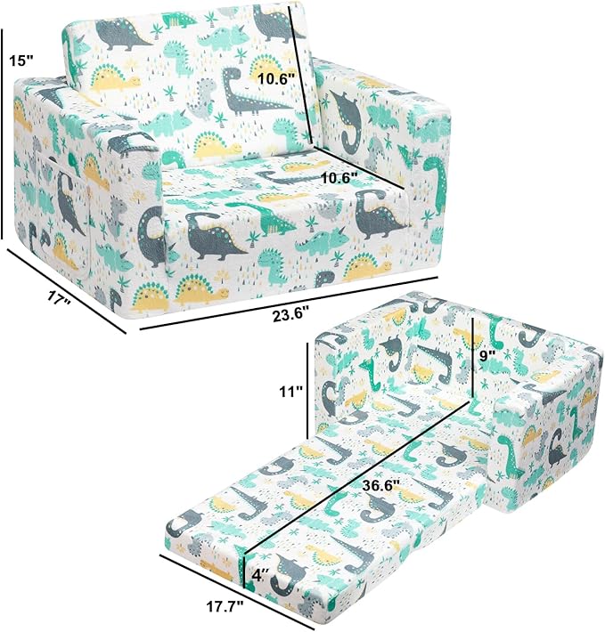 ALIMORDEN 2-in-1 Flip Out Cuddly Sherpa Toddler Couch, Convertible Sofa to Lounger, Dinosaur-NeatNest
