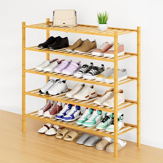 Smiry Shoe Rack, 5 Tier Long Bamboo Shoe Organizer, Stackable Free Standing Wooden Shoe Storage Shelf for Closet, Entryway, Front Door Entrance, Natural-NeatNest