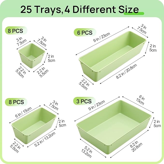 Vtopmart 25 PCS Plastic Drawer Organizers Set, 4-Size Versatile Bathroom and Vanity Drawer Organizer Trays, Storage Bins for Makeup, Bedroom, Kitchen Gadgets Utensils and Office-NeatNest