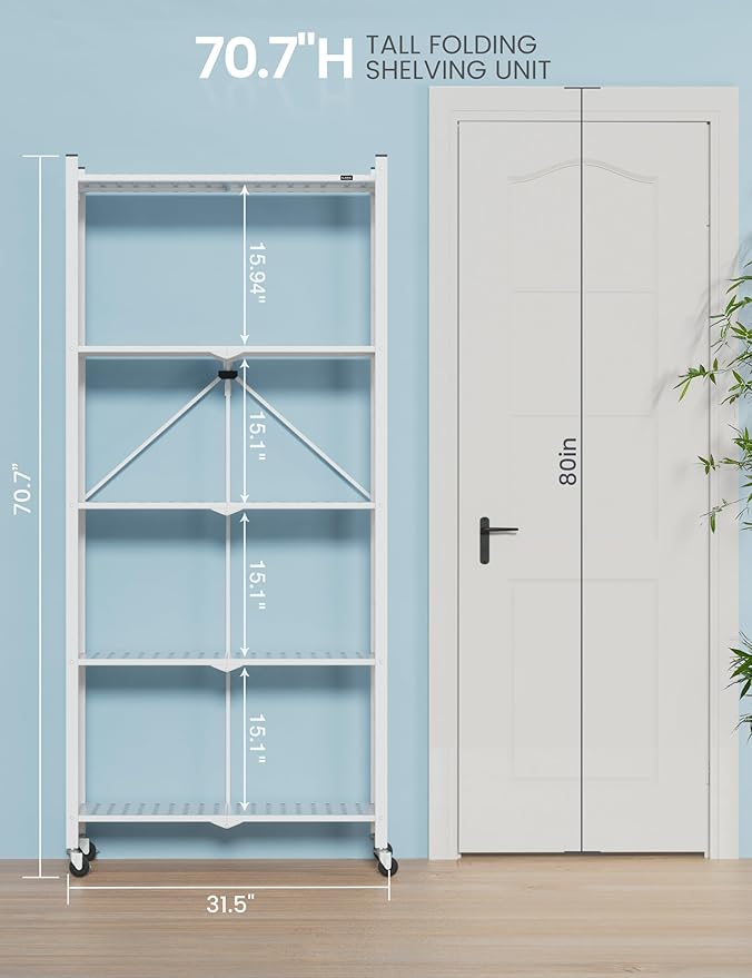 ALANNG 70.7" H Metal Storage Shelves, 5 Tier Folding Shelf on Wheels, Heavy Duty, No Assembly, Rolling, Collapsible Rack Unit for Kitchen, Basement, Pantry (White,1 Pack)