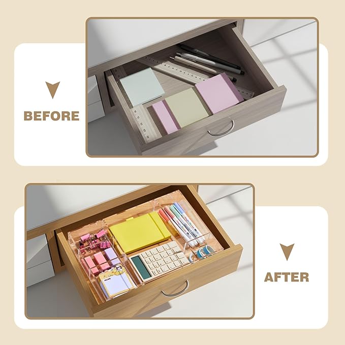 Acrylic Drawer Organizer Clear Desk Drawer Organizer Trays with Adjustable Compartments Desk Accessories for Office Stationery Makeup Silverware Bathroom(Adjustable)