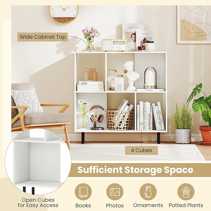4 Cube Bookcase, Wood Storage Organizer with 4 Metal Legs, Bookshelf with Storage, Cubical Storage Shelf, Wooden Book Shelf, Display Shelves for Bedroom, Living Room, Entryway