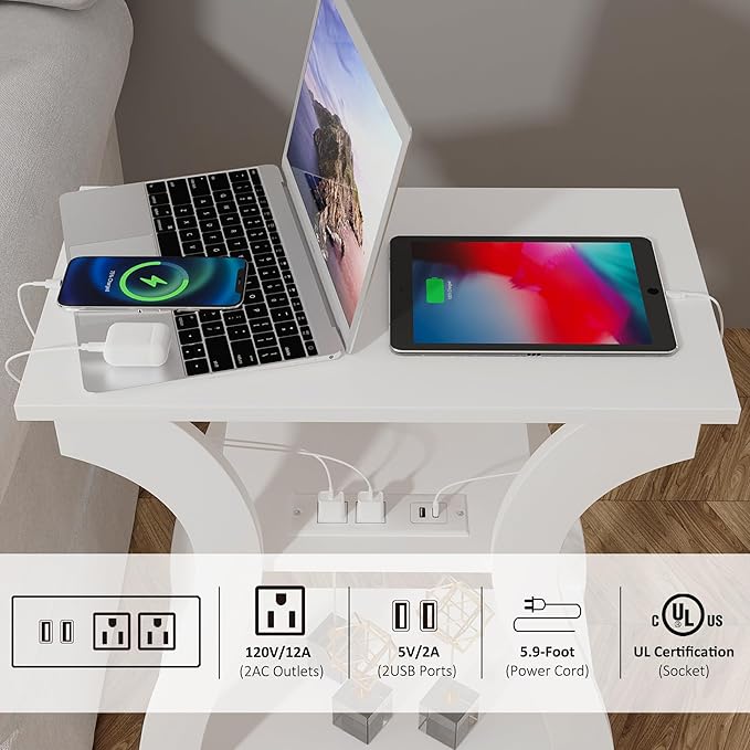 End Table with Charging Station, Side Table with USB Ports and Outlets, 3 Tier Nightstand Sofa Table for Small Spaces, Beside Table with Storage Shelf for Living Room, Bedroom