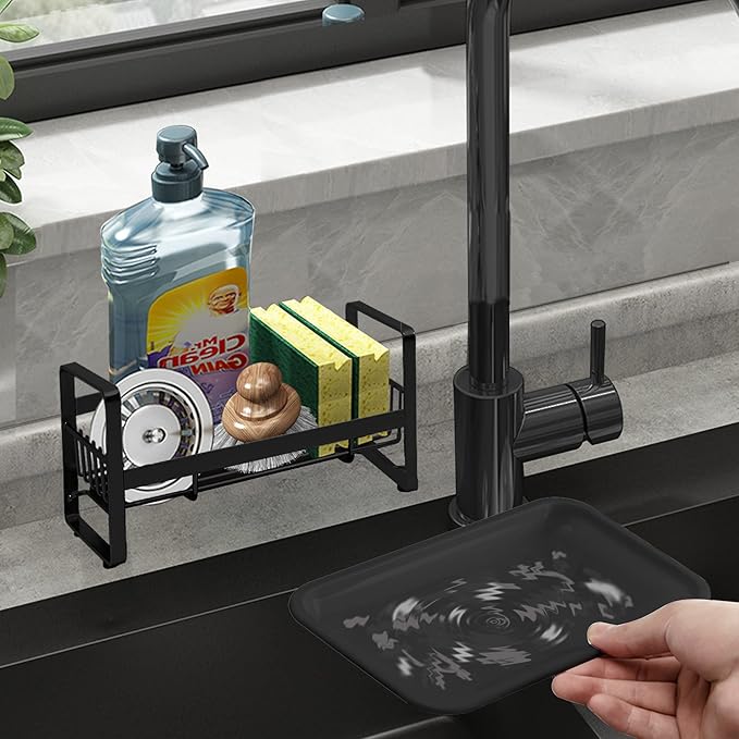 Kitchen Sponge Holder for Sink, Kitchen Sink Caddy Organizer, Sink Tray Drainer Rack, Dish Rags Brush Soap Storage Countertop with Removable Front Drain Pan - Black
