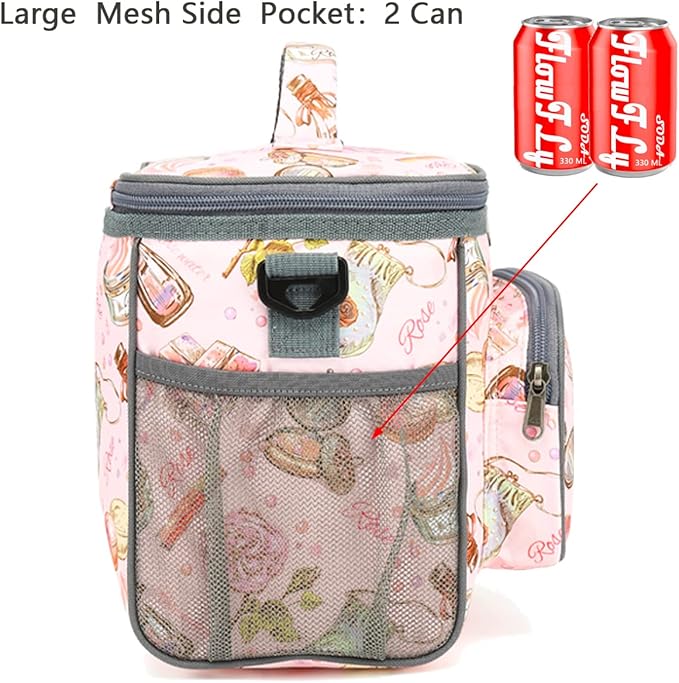 FlowFly Insulated Reusable Lunch Bag Adult Large Lunch Box for Women and Men with Adjustable Shoulder Strap,Front Zipper Pocket and Dual Large Mesh Side Pockets,Rose-NeatNest