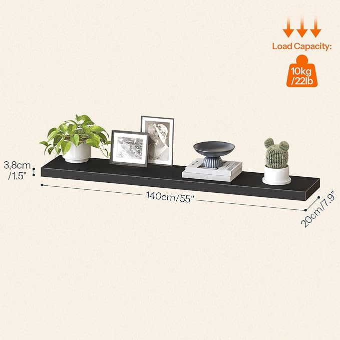 HOOBRO Floating Shelves for Wall, Wall Mounted Shelf Set of 2, 55" Hanging Shelf with Invisible Brackets, for Wall in Bathroom, Bedroom, Toilet, Kitchen, Living Room, Office, Black BK140BJP201-NeatNest