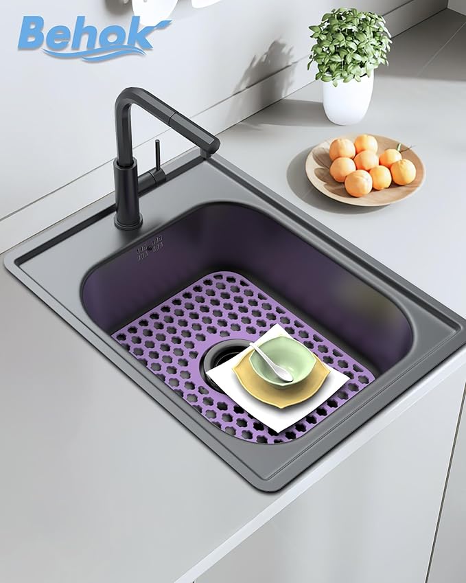 2 Pack BEHOK Silicone Sink Protectors for Kitchen Sink, Bathroom Sink, 13.58"x 11.6" Heat-resistant Mat, Non-Slip and Durable Sink Protector Silicone, Center Drain, Purple