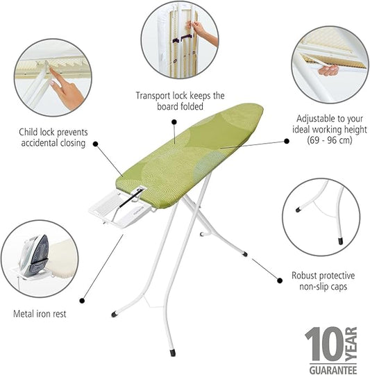 Brabantia Size A Compact Small Ironing Board (43x12 in) 7 Height Options, Adjustable Steam Iron Rest Holder (Calm Rustle) Non-Slip Feet, Anti-Collapse Child Locks-NeatNest