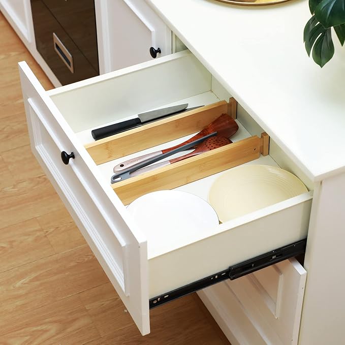 Sawysine 12 Pcs Bamboo Drawer Dividers Adjustable Drawer Organizers Spring Separators Organization Expandable Organizers for Kitchen Bedroom Bathroom Dresser Office (Natural Color,22 x 2.4 Inche)