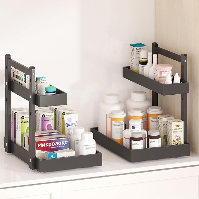 Under Sink Organizer - 1-Tier Pull Out Cabinet Organizer Vertical Slide Out Sink Shelf Storage Shelves for Multi-Purpose Bath Kitchen Bathroom Medicine (Black, 2 Packs)-NeatNest
