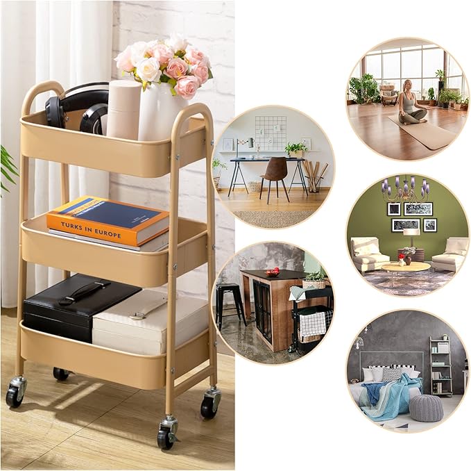 AGTEK Makeup Cart, Movable Rolling Organizer Cart, 3 Tier Metal Utility Cart with Lockable Wheels for Home & Office, Golden-NeatNest