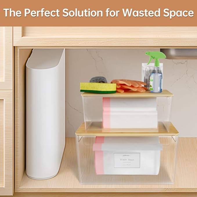 2 Pack Trash Bag Holder Under Sink Stackable, Plastic Garbage Dispenser with Lid, Trash Bag Storage Dispenser Roll Holder for Kitchen, Pantry, Laundry Room Organization-NeatNest