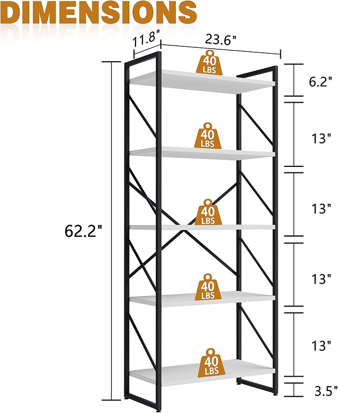 Bookshelf, 5 Tier Bookshelves, Home Office Bookcase Shelf Storage Organizer, Free Standing Storage Shelving Unit for Bedroom, Living Room and Home Office,White-NeatNest