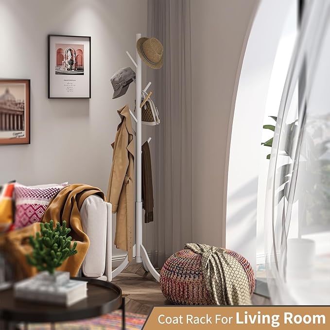 Coat Rack Freestanding, Coat Stands Entryway, Bamboo Coat Rack Hat Hanger 8 Hook for Jacket, Purse, Scarf Rack, Umbrella Tree Stand (White)-NeatNest