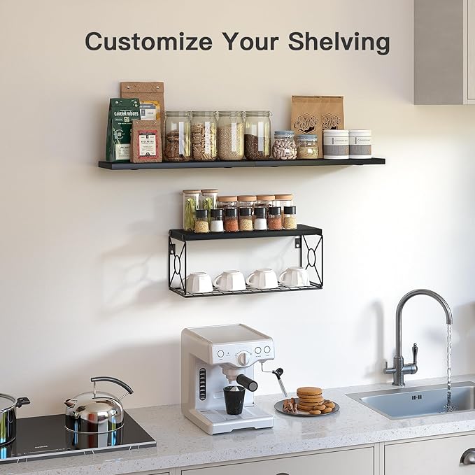 Amada Bathroom Shelves Over Toilet with Storage Basket, Floating Wall Shelves for Home Organization & Wall Decor, Bathroom/Kitchen/Living Room ShelvesBlack-NeatNest