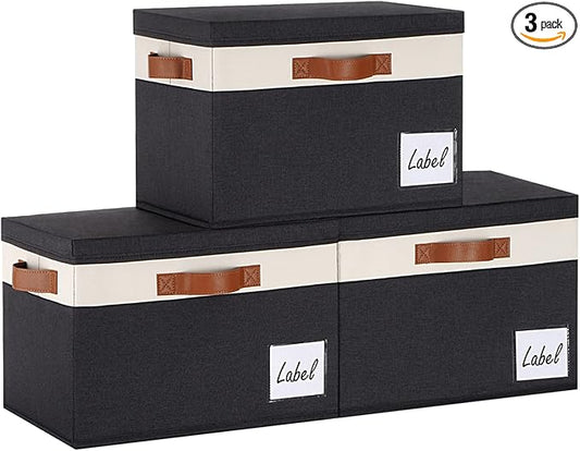 Extra Large Storage Bins with Lids, Foldable Fabric Storage Baskets with Lids, Sturdy Storage Boxes with Labels and 3 PU Handles for Closet Home Bedroom Office (32L, 3 Packs, Black&White)-NeatNest