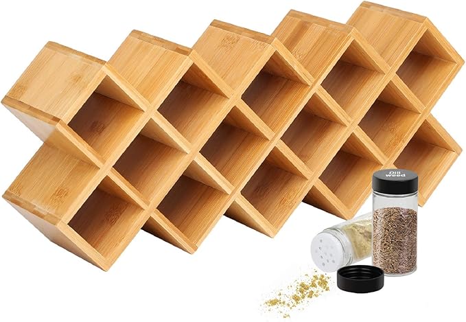 Criss-Cross 18-Jar Bamboo Countertop Spice Rack Organizer, Kitchen Cabinet Cupboard Wall Mount Door Spice Storage, Fit for Round and Square Spice Bottles, Free Standing for Counter, Cabinet or Drawers-NeatNest