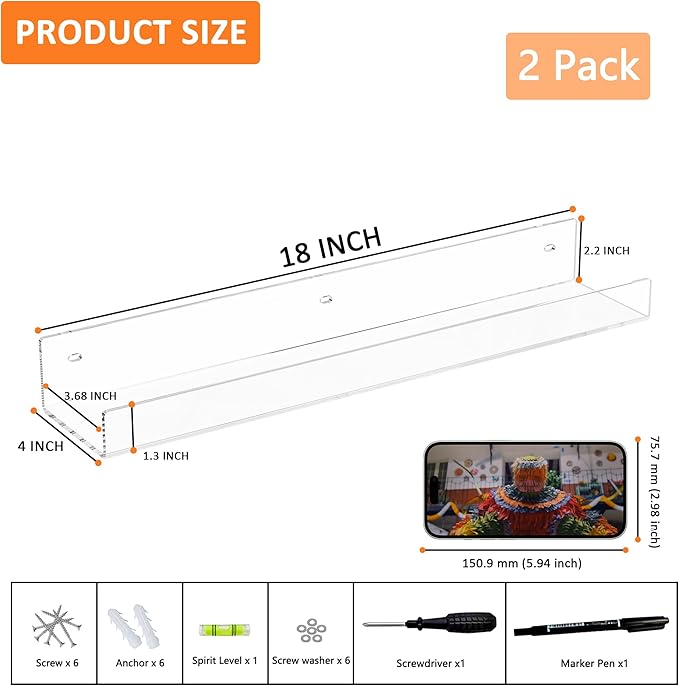 18'' Clear Acrylic Bookshelf 2 Pack, Acrylic Floating Book Shelves, Wall Mounting Invisible Ledge Book Shelf-NeatNest