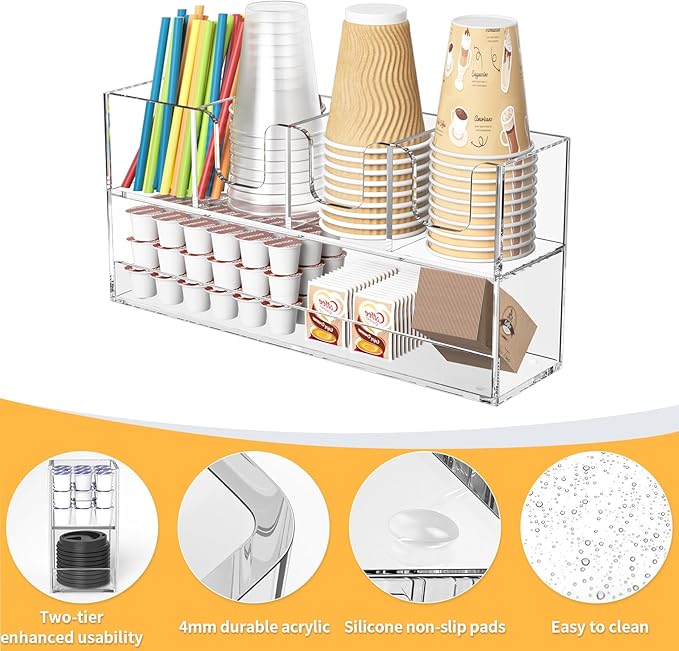 Coffee Condiment and Cup Organizer - 2-Tier Upright Cup and Lid Holder with Straw Organizer 5 Compartments Clear Acrylic Cup Dispenser for Restaurant Breakroom Coffee Station Countertop-NeatNest