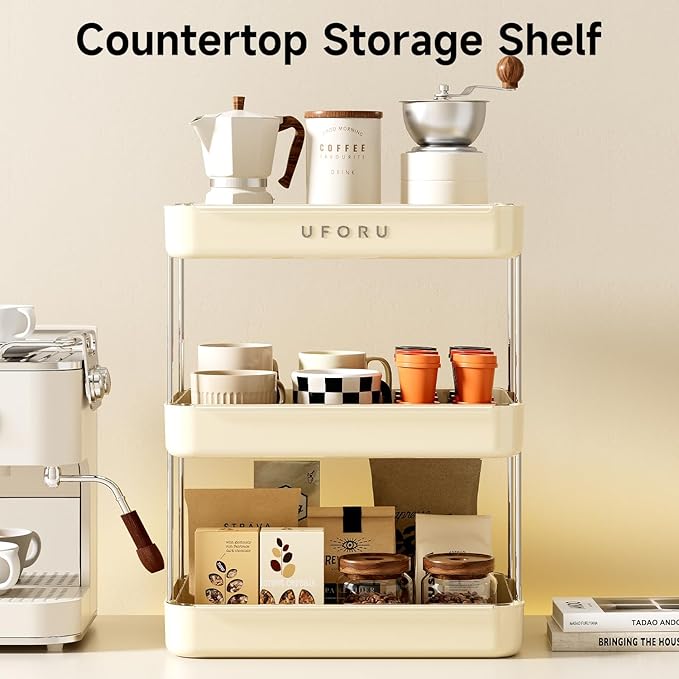 Countertop Coffee Station Organizer, 3 Tier Wine Glass Holder, Mug Shelf with Removable Drain Tray, Spice Rack for Kitchen, Bathroom Countertop Organizer, Cream White-NeatNest