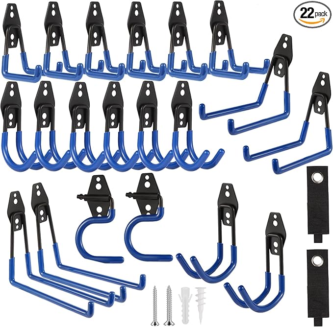 Garage Hook Heavy Duty Wall Storage Hangers, 22 Pack Garage Storage Hooks Steel Tool Blue for Ladders, Ropes, Garden Tools-NeatNest