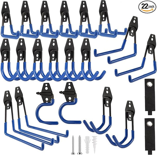 Garage Hook Heavy Duty Wall Storage Hangers, 22 Pack Garage Storage Hooks Steel Tool Blue for Ladders, Ropes, Garden Tools-NeatNest