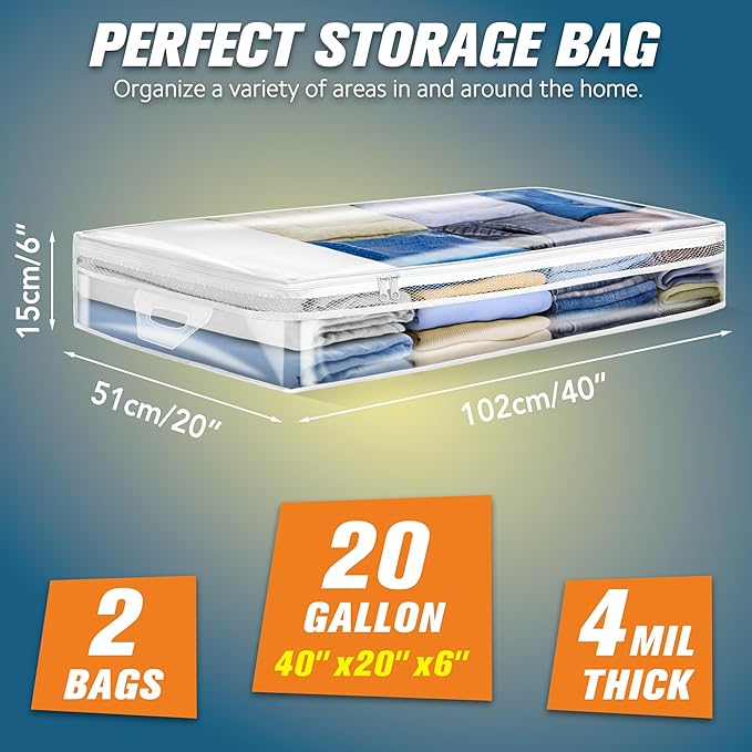 HIBAG 20 Gallon Under Bed Storage Containers, Underbed Clothing Storage Bins, Clear Plastic Organizer with Reinforced Handles, for Clothes Comforters Blankets Towels Pillows Bedding (2 Pack)-NeatNest