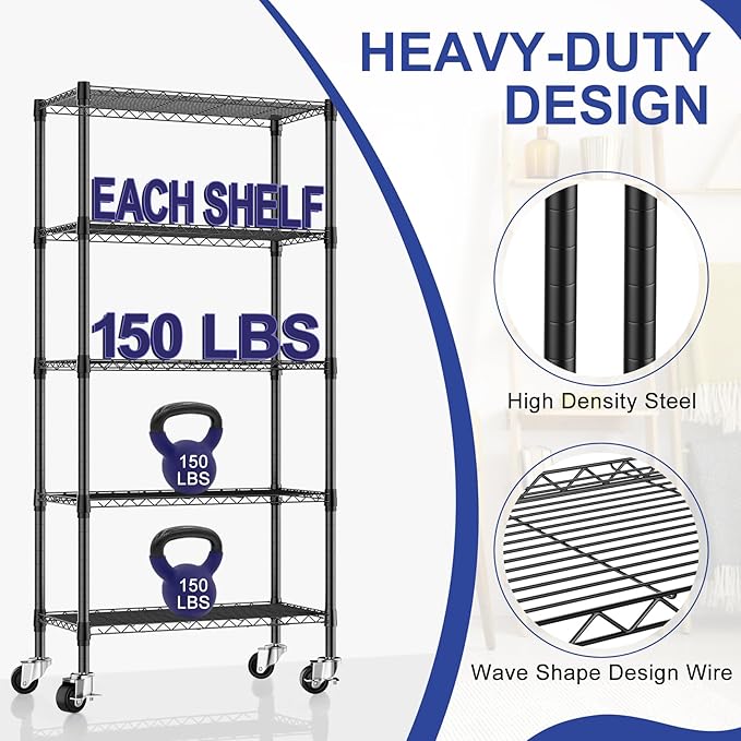 2 Pack 5 Tier Shelving Unit Wire Rack, Heavy Duty Adjustable Shelf Rolling Storage Shelves with Wheels, 14" D x 30" W x 60" H 750 lbs Capacity Kitchen Garage Pantry Shelves for Small Spaces