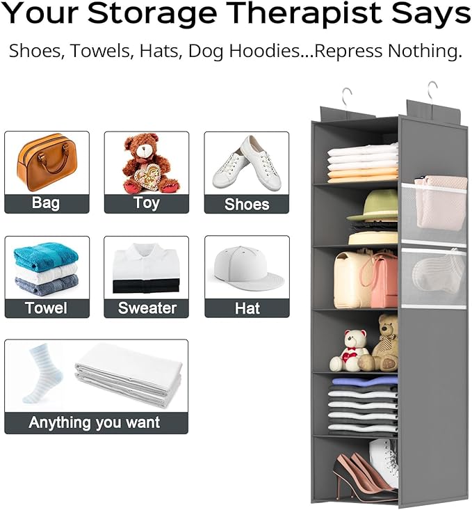Extra Deep Hanging Closet Organizer with 6 Shelves and Oversized Mesh Pockets, Heavy-Duty Structure, No Deformation, Max Storage for Clothes, Shoes, Hats, Dorms and RVs, Grey,1-Pack-NeatNest