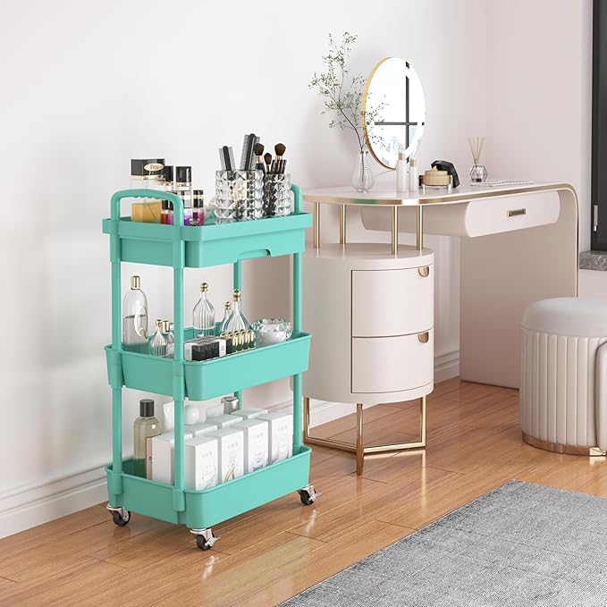 Calmootey 3-Tier Rolling Utility Cart with Drawer,Multifunctional Storage Organizer with Plastic Shelf & Metal Wheel,Storage Cart for Kitchen,Bathroom,Living Room,Office,Green-NeatNest