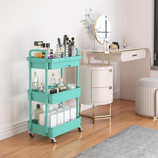 Calmootey 3-Tier Rolling Utility Cart with Drawer,Multifunctional Storage Organizer with Plastic Shelf & Metal Wheel,Storage Cart for Kitchen,Bathroom,Living Room,Office,Green-NeatNest