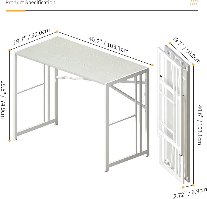 Folding Desk 40 inch Writing Gaming Computer Camping Table, No Assembly Required Home Office Desk, White-NeatNest