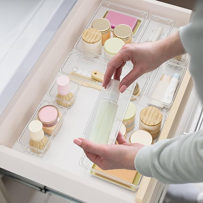 15 PCS Clear Plastic Drawer Organizer Set, 4-Size Acrylic Drawer Storage Trays, Storage Bins for Makeup, Gadgets, and Jewelry in Bathroom, Bedroom and Office, Clear-NeatNest