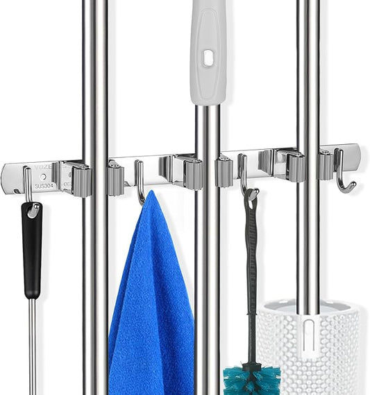 voze 3 Racks and 4 Hooks Mop and Broom Holder Wall Mount, Self Adhesive Heavy Duty Broom Organizer Storage Tool Racks for Kitchen Garden Laundry Garage-NeatNest