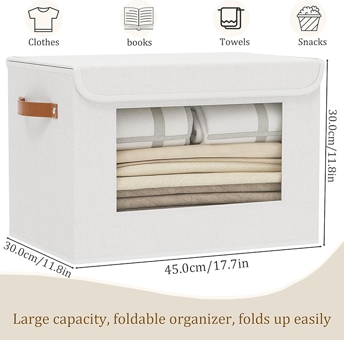 Clothes Boxes, Decorative Linen Closet Organizers Bins, Blanket Baskets for Shelves with Lids, Storage Cubes with Handles, 17.7 x 11.8 x 11.8 inch, White, 1-Pack-NeatNest