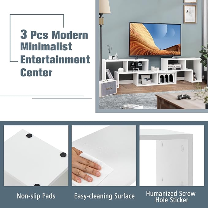 GOFLAME 3 Pieces TV Console Stand, Modern Entertainment Center for 50 55 60 65 Inch Flat Screen TV, Free Combination Bookcase for Storage & Display, Suitable for Living Room, Bedroom (White)-NeatNest