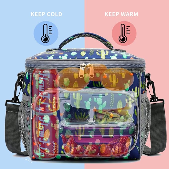 FlowFly Insulated Reusable Lunch Bag Adult Large Lunch Box for Women and Men with Adjustable Shoulder Strap,Front Zipper Pocket and Dual Large Mesh Side Pockets,Cactus-NeatNest