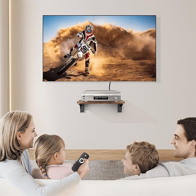 Homode Projector Shelf for Wall, Foldable Floating TV Shelf, Wall Mount DVD Shelf with Heavy-Duty Brackets Under TV for Cable Box, Games Console, 16.5 x 11 Inches, Rustic Brown