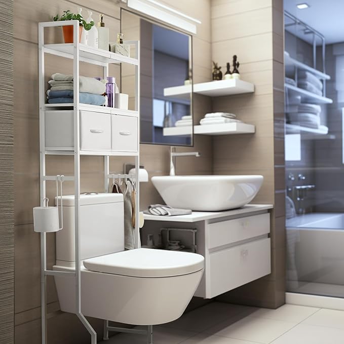 ETELI Over The Toilet Storage Cabinet with Fabric Drawers 3-Tier Over Toilet Bathroom Organizer Behind Toilet Bathroom Shelf Organizer with 4 Hooks Freestanding Bathroom Space Saver White