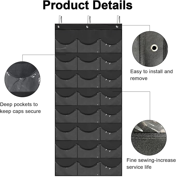Hat Rack for Baseball Caps, 24 Pocket Over the Door Hat Organizer with 3 Hooks, Hat Holder for Door with Large Clear Pockets, Hat Storage to Protect and Display, Black - 1 Pack-NeatNest