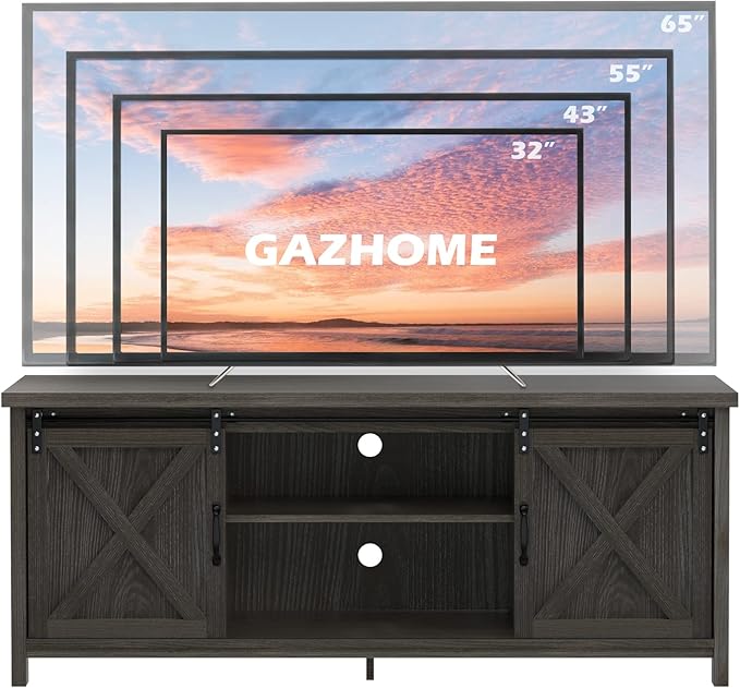 GAZHOME Modern Farmhouse TV Stand with Sliding Barn Doors, Media Entertainment Center Console Table for TVs up to 65”,2-Tier Large Storage Cabinets,Rustic TV Stand for Living Room Bedroom,Dark Grey-NeatNest