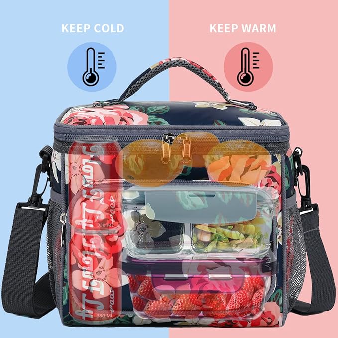 FlowFly Insulated Reusable Lunch Bag Adult Large Lunch Box for Women and Men with Adjustable Shoulder Strap,Front Zipper Pocket and Dual Large Mesh Side Pockets,Peony-NeatNest