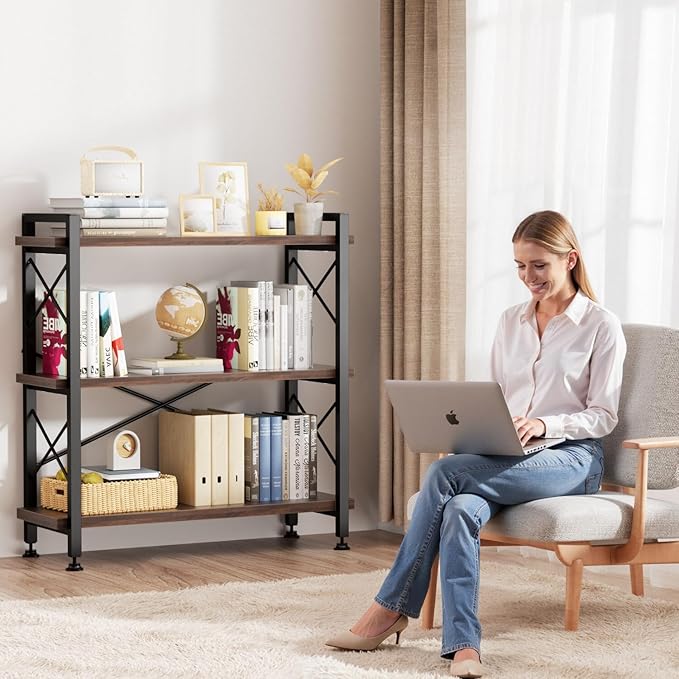 3 Tier Bookshelf Bookcase, 35.5'' Width Wood & Metal Open Book Shelf, Freestanding Industrial Display Shelf, Rustic Storage Shelves Organizer for Home Office, 300 lbs/Level