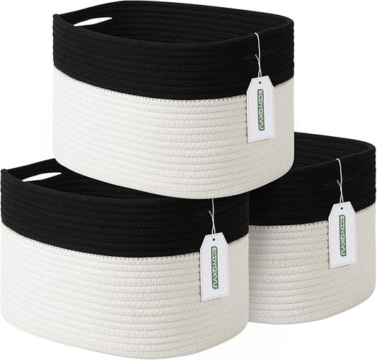 Cotton Rope Storage Basket, 15x10x9 Inches, Woven Basket for Shelves, Clothes, Toys, Towels, Books, and Laundry, Durable and Stylish, Black/ White (3 Pack)-NeatNest