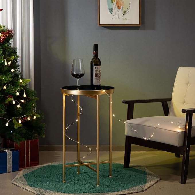 HollyHOME Small Round Metal Waterproof End Table, Accent Indoor&Outdoor Coffee Side Table, Snack Sofa Table for Living Room, Anti-Rust Decorative Plant Stand, (D) 14.5" x (H) 25", Gold&Navy Blue-NeatNest