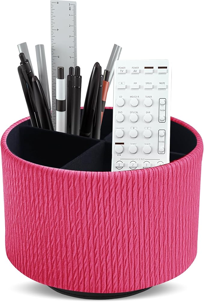 Hennaja Round Leather Art Supply Organizer,Remote Control Holder,360 Degree Spinning,Multi-Functional Pencil Holder,4 Compartments Desktop Stationary Organizer(1-Vertical Wood Red)-NeatNest