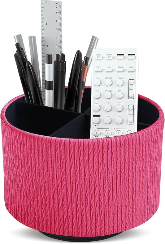 Hennaja Round Leather Art Supply Organizer,Remote Control Holder,360 Degree Spinning,Multi-Functional Pencil Holder,4 Compartments Desktop Stationary Organizer(1-Vertical Wood Red)-NeatNest