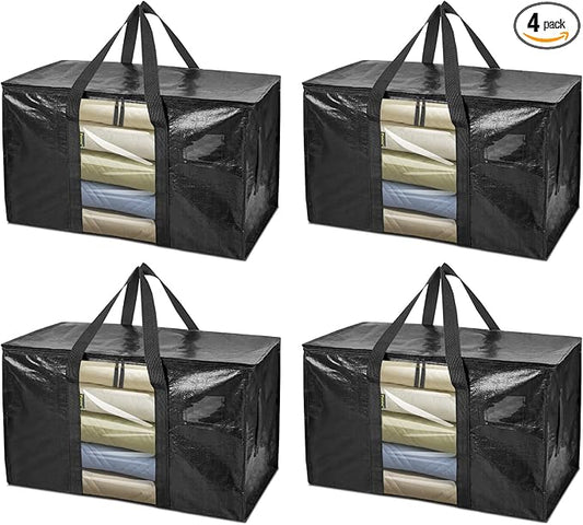 BALEINE 4-Pack Oversized Moving Bags with Reinforced Handles, Heavy-Duty Storage Tote Moving Supplies for Packaging, Camping (Black w/Window, 4-Pack)-NeatNest