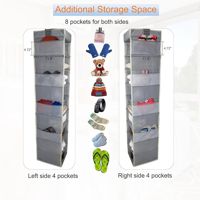 2 Pack Large-Sized Hanging Shoe Organizer 10-Shelf, Sturdy Hanging Closet Organizer with 8 Side Pockets, Wider Hanging Shelves for Storage Shoes Clothes Jeans Shirts Toys, Grey.-NeatNest